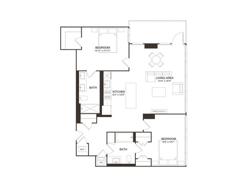 Floor plan for 2 beds, 2 baths, 1169 sqft